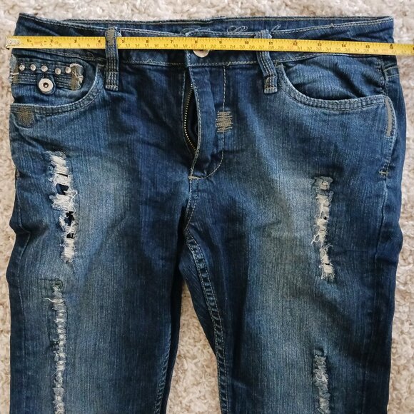 Blue Crush Skinny Blue Women's Jeans Sz 9 Embellished Pockets Boho Distressted - Picture 10 of 13